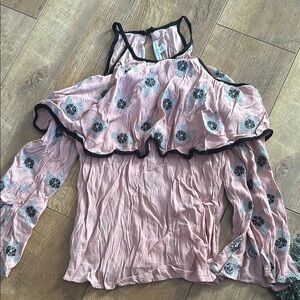 Pink Ruffled Asymmetrical Blouse with Long Sleeves